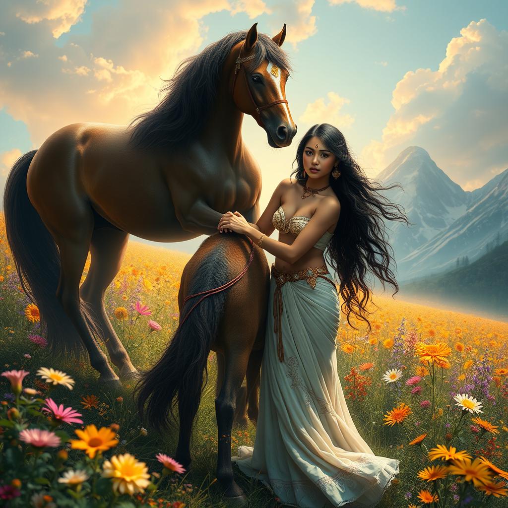 A surreal and imaginative scene featuring a tall, fair-skinned Indian woman with long dark hair, depicted in a fantastical landscape