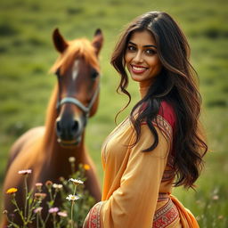 A sensually artistic scene featuring a confident Indian woman in her mid-30s, exuding allure with her traditional attire, which accentuates her curves