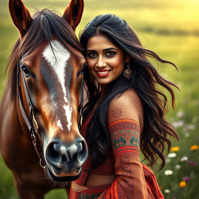 A sensually artistic scene featuring a confident Indian woman in her mid-30s, exuding allure with her traditional attire, which accentuates her curves