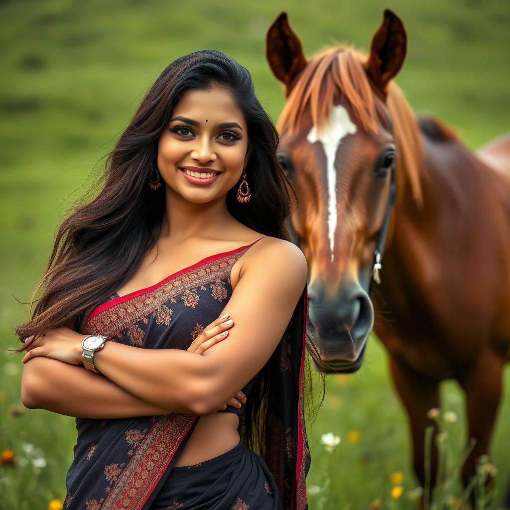 A sensually artistic scene featuring a confident Indian woman in her mid-30s, exuding allure with her traditional attire, which accentuates her curves