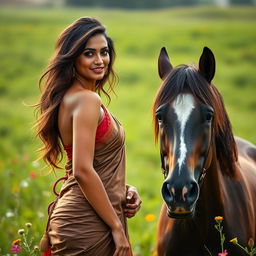 A sensually artistic scene featuring a confident Indian woman in her mid-30s, exuding allure with her traditional attire, which accentuates her curves