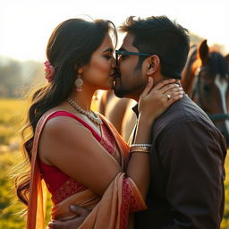 An intimate and passionate scene depicting an Indian woman in her mid-30s with a sensual aura, wearing a traditional outfit that highlights her beauty