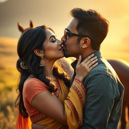 An intimate and passionate scene depicting an Indian woman in her mid-30s with a sensual aura, wearing a traditional outfit that highlights her beauty