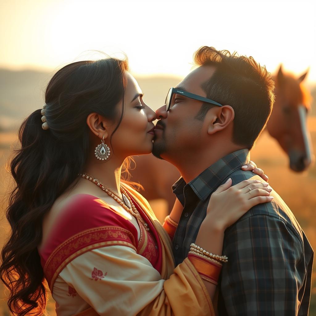 An intimate and passionate scene depicting an Indian woman in her mid-30s with a sensual aura, wearing a traditional outfit that highlights her beauty