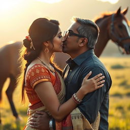 An intimate and passionate scene depicting an Indian woman in her mid-30s with a sensual aura, wearing a traditional outfit that highlights her beauty