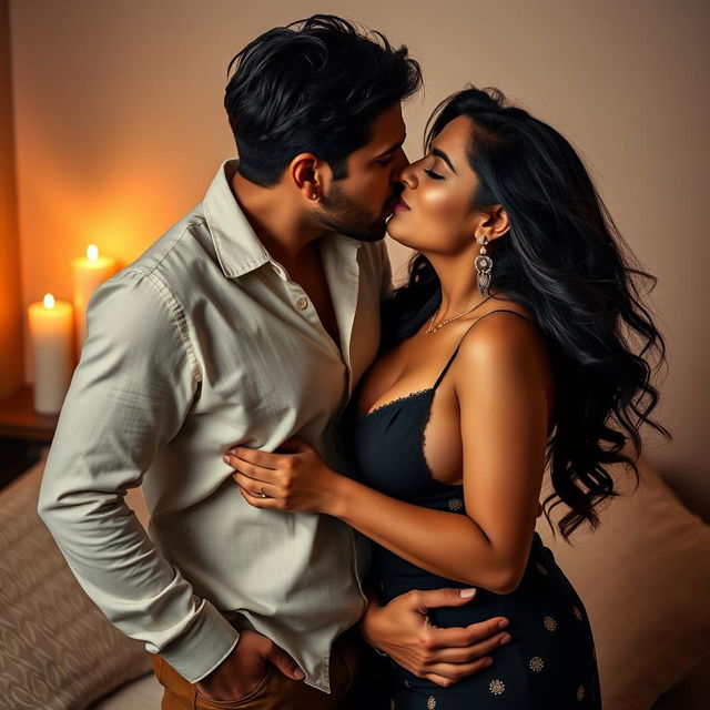 A sensual scene showcasing a sexy tall Indian woman with big breasts and long flowing hair, passionately kissing her very short husband, who is 3 feet shorter