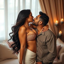 A sensual scene showcasing a sexy tall Indian woman with big breasts and long flowing hair, passionately kissing her very short husband, who is 3 feet shorter