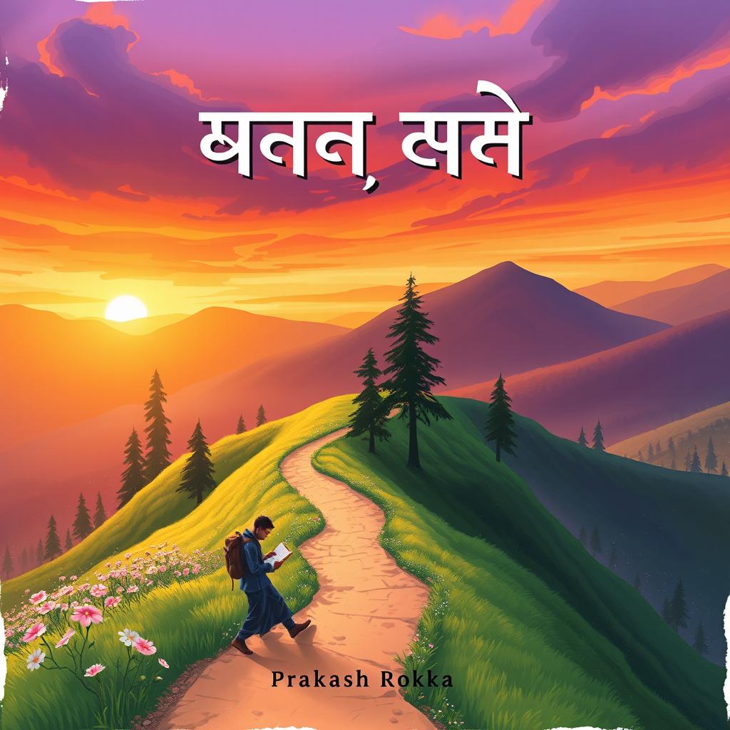 A captivating illustration for a book cover titled 'बाटो खण्ड काव्य' by author Prakash Rokka