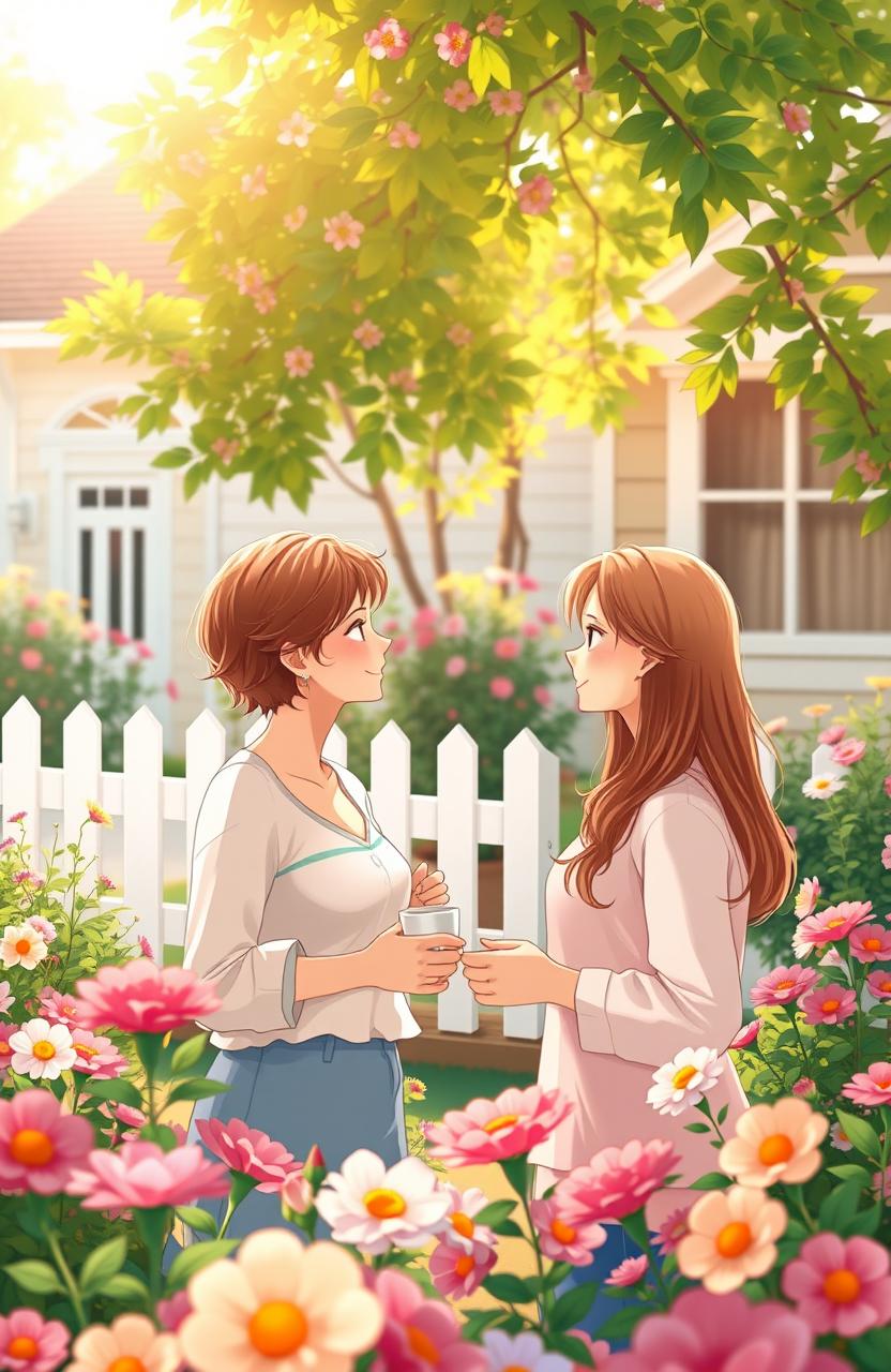 A soft romance scene set in a cozy neighborhood, featuring two adults exchanging glances across a flower-filled garden