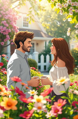 A soft romance scene set in a cozy neighborhood, featuring two adults exchanging glances across a flower-filled garden