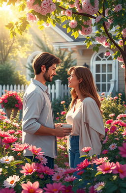 A soft romance scene set in a cozy neighborhood, featuring two adults exchanging glances across a flower-filled garden