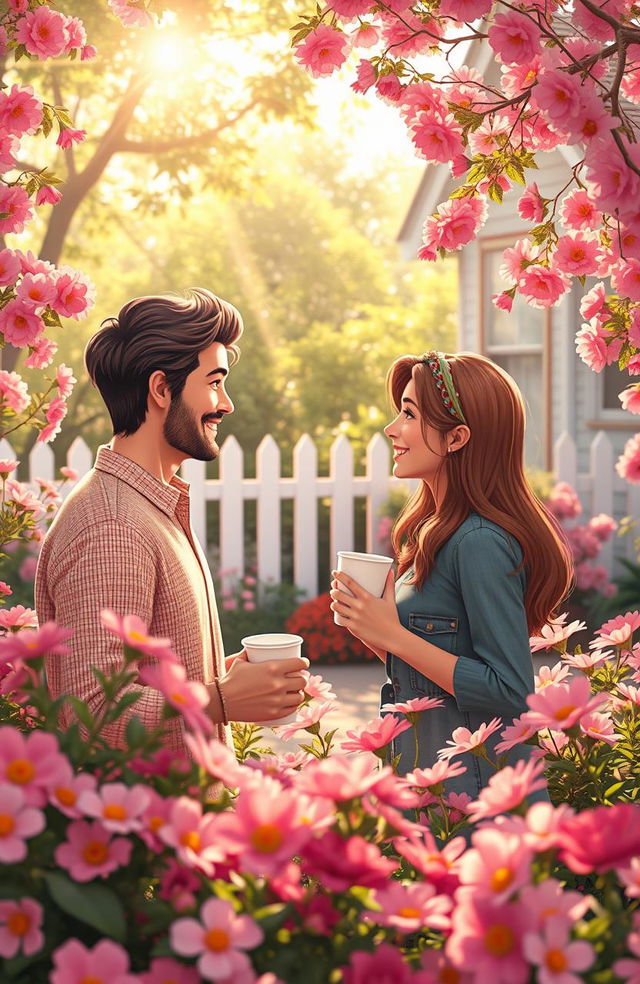 A soft romance scene set in a cozy neighborhood, featuring two adults exchanging glances across a flower-filled garden