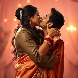 A sexy, tall Indian woman with big breasts passionately lifting her husband in a loving embrace