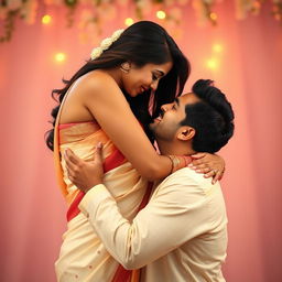 A sexy, tall Indian woman with big breasts passionately lifting her husband in a loving embrace