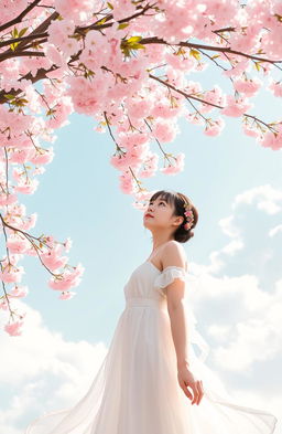 A serene scene featuring a cherry blossom tree in full bloom, with delicate pink flowers cascading gently