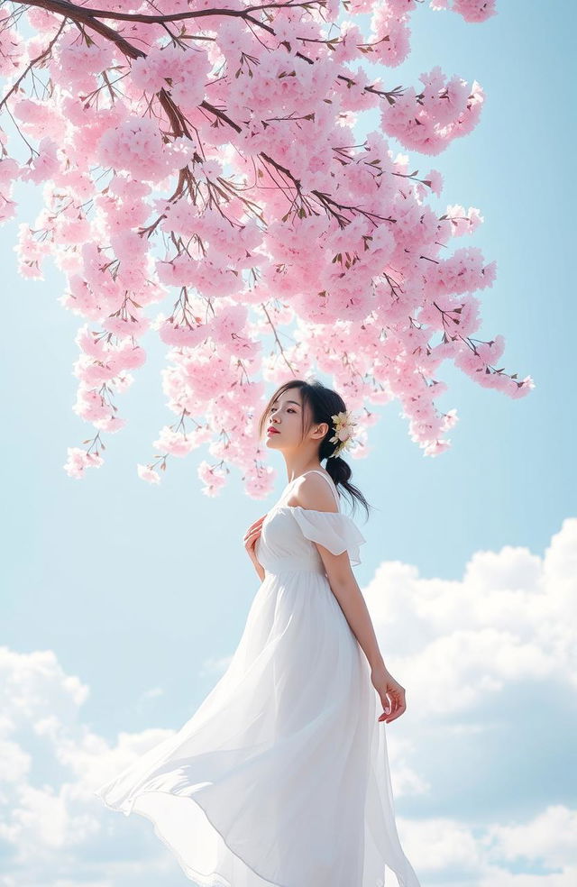 A serene scene featuring a cherry blossom tree in full bloom, with delicate pink flowers cascading gently