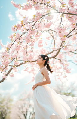 A serene scene featuring a cherry blossom tree in full bloom, with delicate pink flowers cascading gently