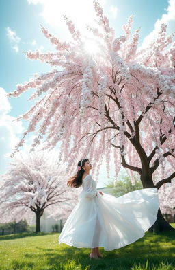 A serene scene featuring a cherry blossom tree in full bloom, with delicate pink flowers cascading gently