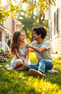 A soft romance scene set in a cozy neighborhood, featuring a girl and a boy who are neighbors