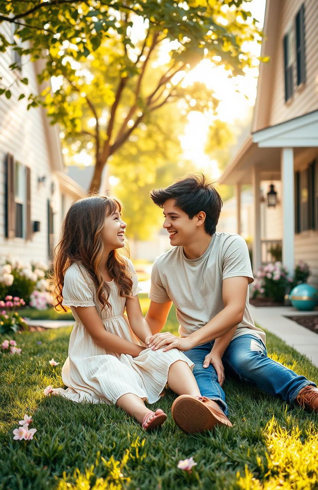 A soft romance scene set in a cozy neighborhood, featuring a girl and a boy who are neighbors