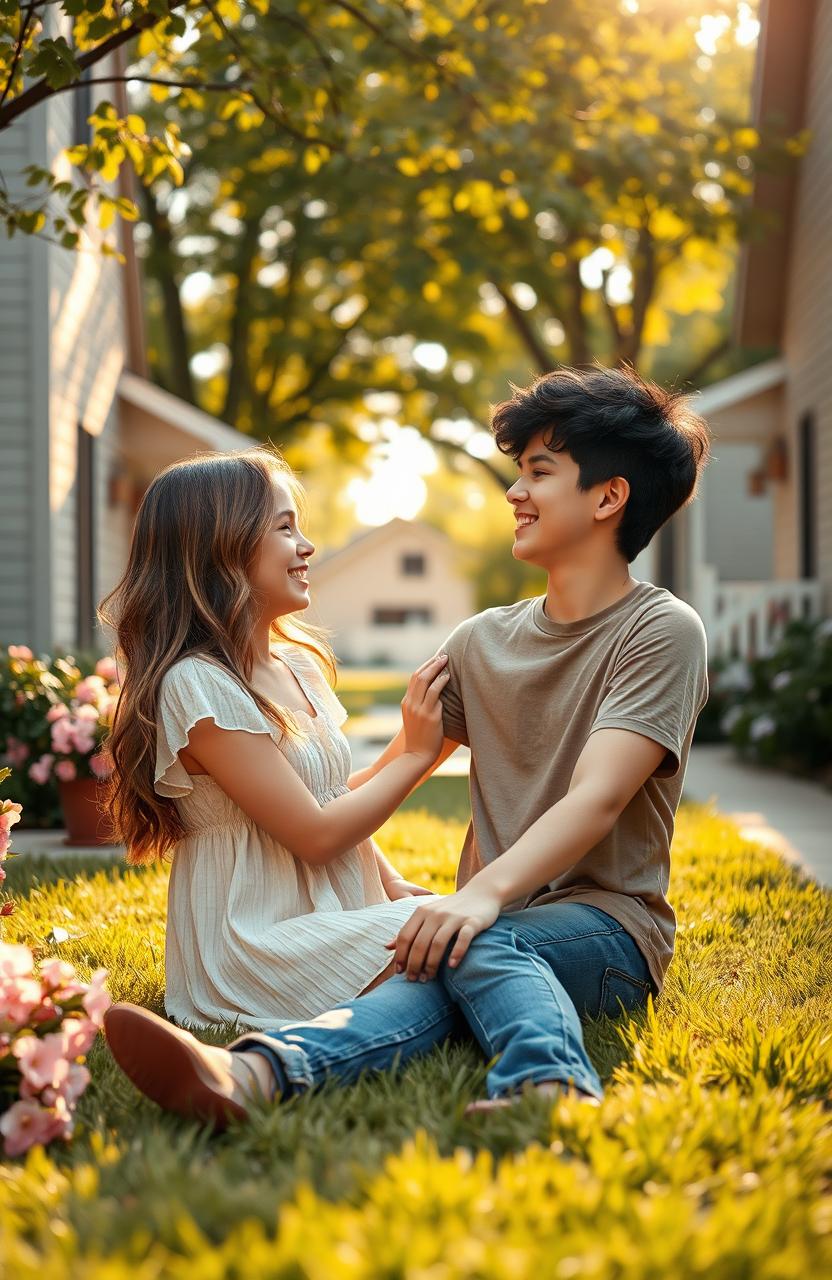 A soft romance scene set in a cozy neighborhood, featuring a girl and a boy who are neighbors