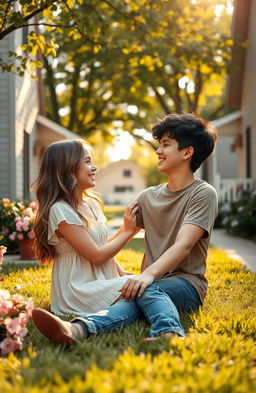 A soft romance scene set in a cozy neighborhood, featuring a girl and a boy who are neighbors