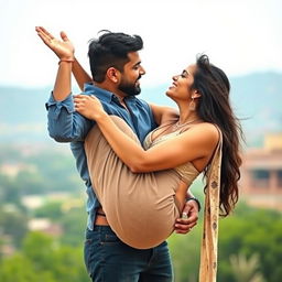 A sexy, tall Indian woman with big breasts lifting her shorter husband effortlessly in her arms