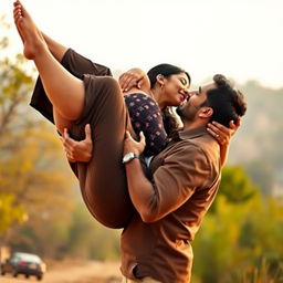A sexy, tall Indian woman with big breasts lifting her shorter husband effortlessly in her arms