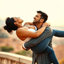 A sexy, tall Indian woman with big breasts lifting her shorter husband effortlessly in her arms