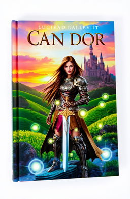 A stylish book cover featuring a stunning fantasy landscape, showcasing a vibrant sunset, lush green hills, and a majestic castle in the distance