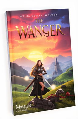 A stylish book cover featuring a stunning fantasy landscape, showcasing a vibrant sunset, lush green hills, and a majestic castle in the distance