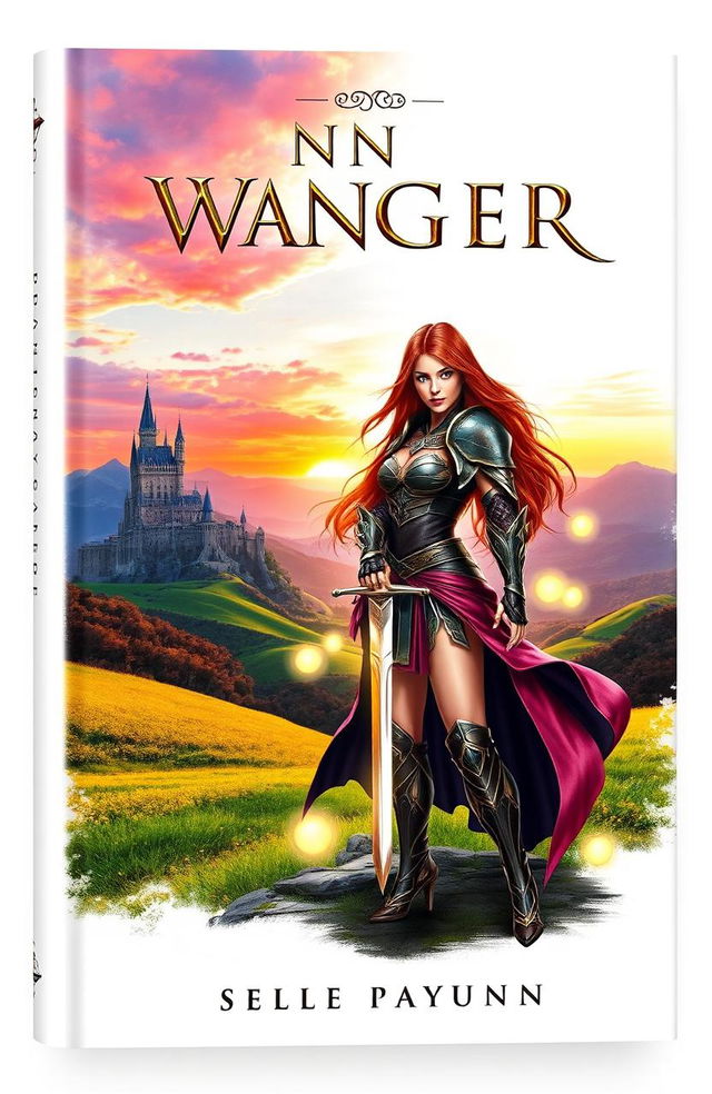 A stylish book cover featuring a stunning fantasy landscape, showcasing a vibrant sunset, lush green hills, and a majestic castle in the distance