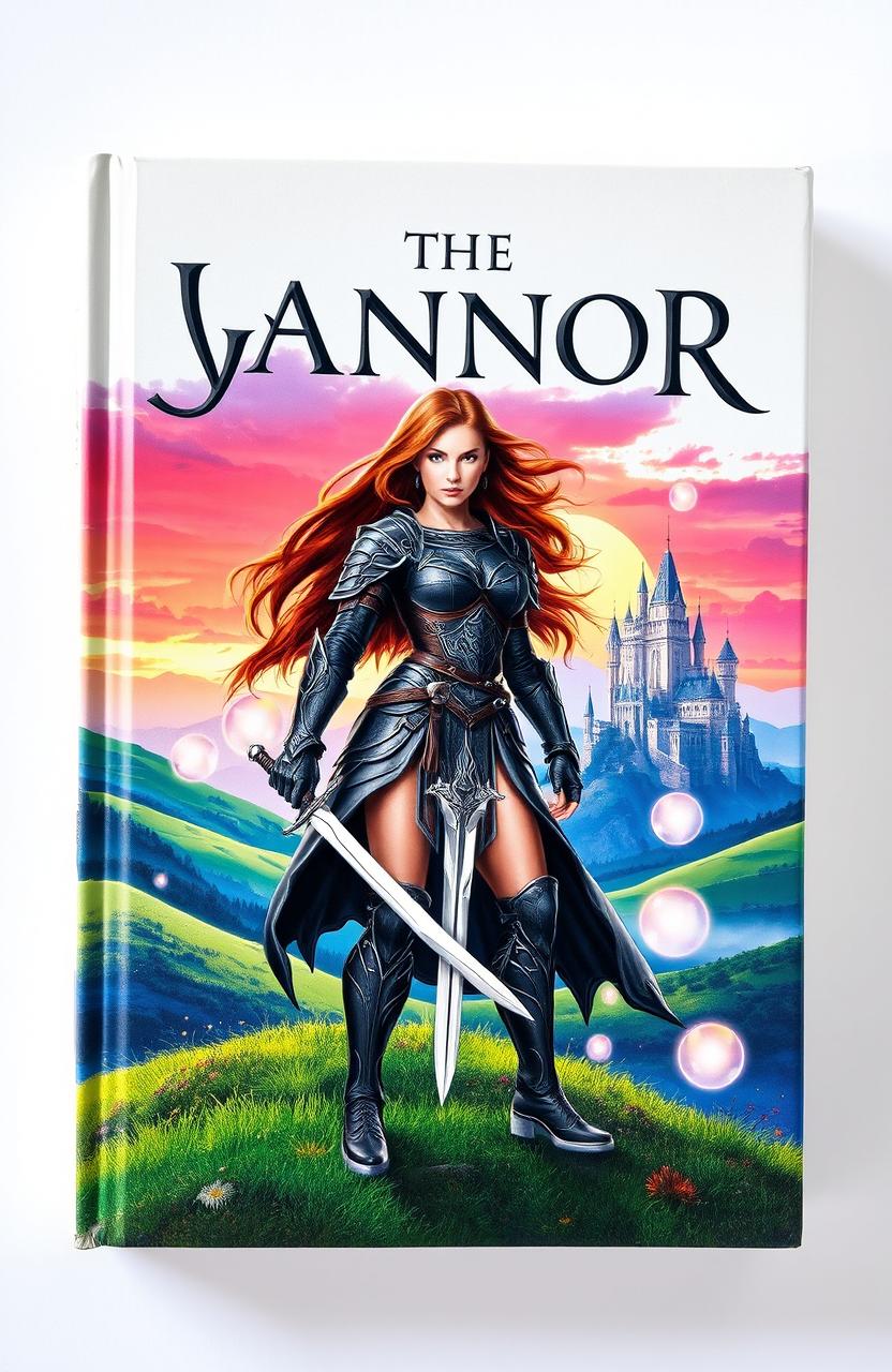 A stylish book cover featuring a stunning fantasy landscape, showcasing a vibrant sunset, lush green hills, and a majestic castle in the distance