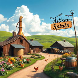 A picturesque farmyard distillery set amidst rolling green hills