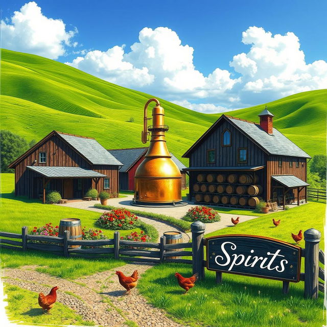 A picturesque farmyard distillery set amidst rolling green hills