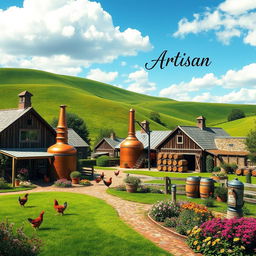 A picturesque farmyard distillery set amidst rolling green hills