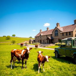 A picturesque British farmyard distillery surrounded by lush green fields under a bright blue sky