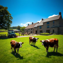 A picturesque British farmyard distillery surrounded by lush green fields under a bright blue sky