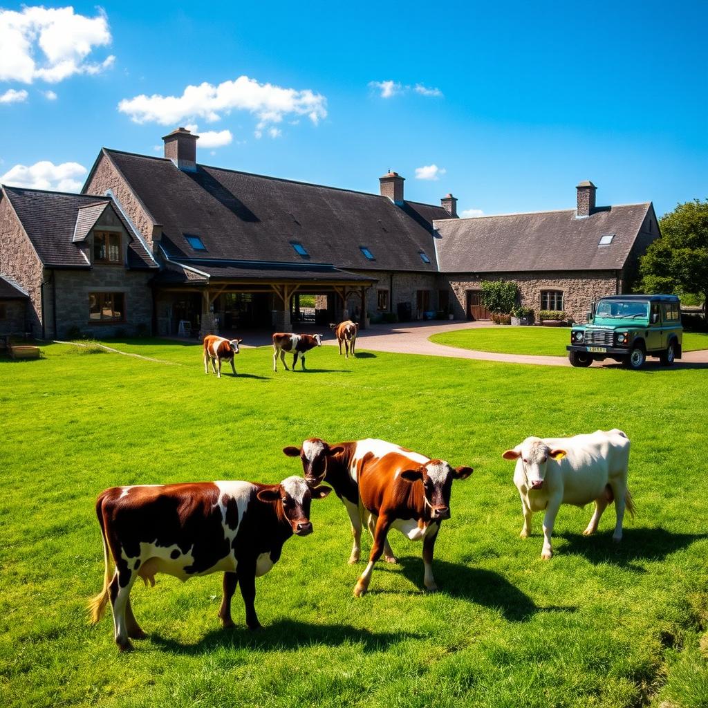 A picturesque British farmyard distillery surrounded by lush green fields under a bright blue sky