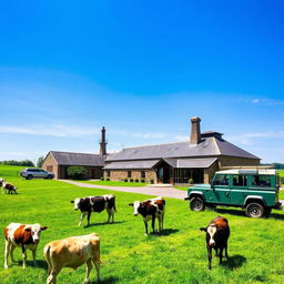 A picturesque British farmyard distillery surrounded by lush green fields under a bright blue sky