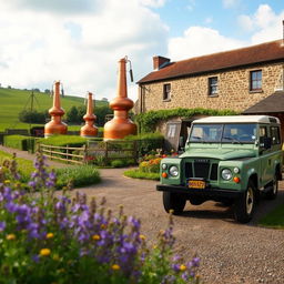 A picturesque British farmyard distillery scene, showcasing traditional copper pot stills glistening in the sunlight, surrounded by lush green fields