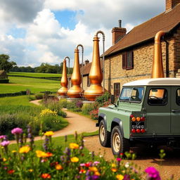 A picturesque British farmyard distillery scene, showcasing traditional copper pot stills glistening in the sunlight, surrounded by lush green fields