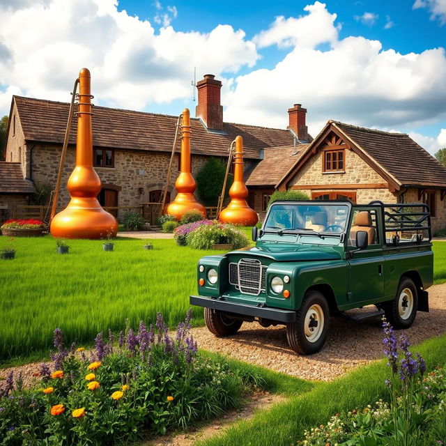 A picturesque British farmyard distillery scene, showcasing traditional copper pot stills glistening in the sunlight, surrounded by lush green fields