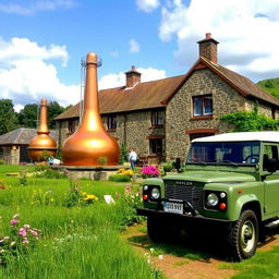 A picturesque British farmyard distillery scene, showcasing traditional copper pot stills glistening in the sunlight, surrounded by lush green fields
