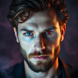 A portrait of a man with a well-groomed beard and curly hair, featuring striking blue eyes on one side and vibrant red eyes on the other