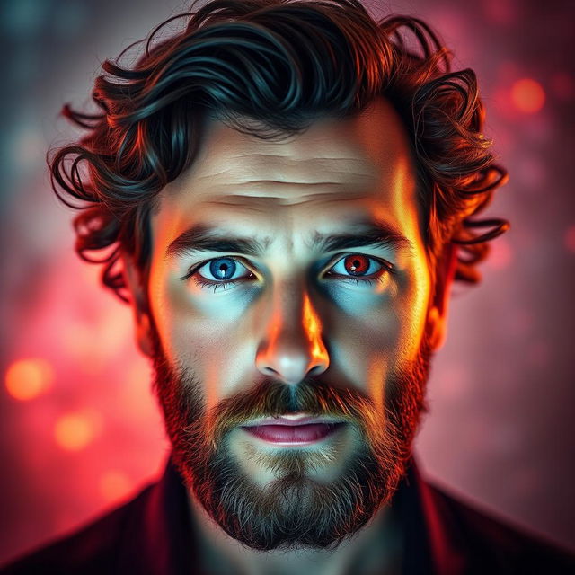 A portrait of a man with a well-groomed beard and curly hair, featuring striking blue eyes on one side and vibrant red eyes on the other