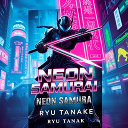 A captivating book cover design for 'Neon Samurai' by Ryu Tanaka, depicting a futuristic noir setting
