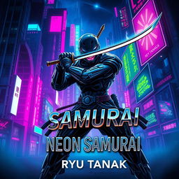 A captivating book cover design for 'Neon Samurai' by Ryu Tanaka, depicting a futuristic noir setting