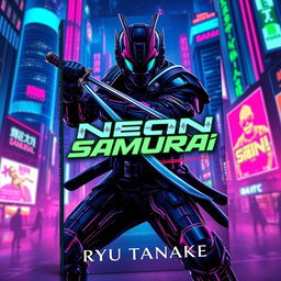 A captivating book cover design for 'Neon Samurai' by Ryu Tanaka, depicting a futuristic noir setting
