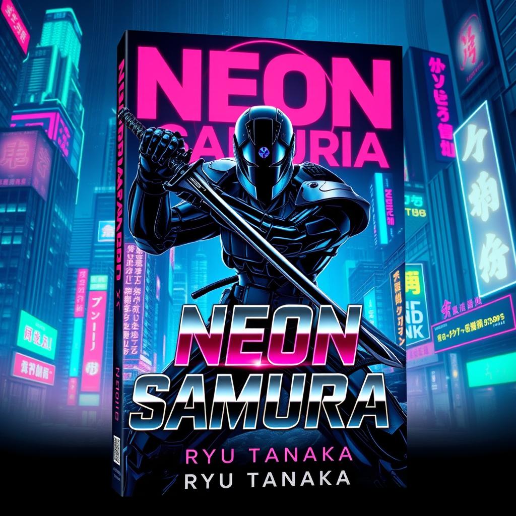 A captivating book cover design for 'Neon Samurai' by Ryu Tanaka, depicting a futuristic noir setting